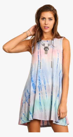 Women's Junior's Pink & Blue Tie Dye Boho Music Festival - Dress