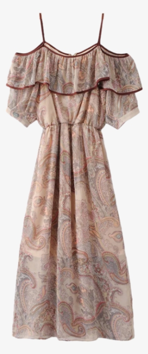 Women Bohemian Frilly Cold Shoulder Chiffon Dress Beige - Dress