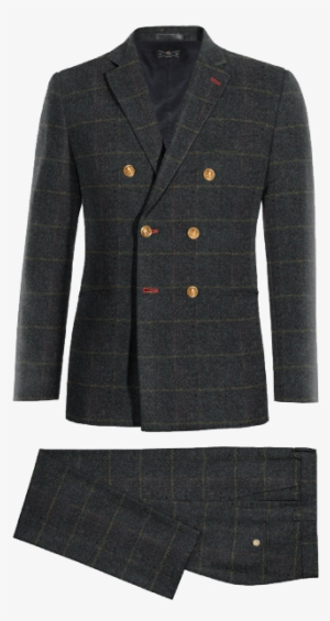 Blue 3-piece Checked Tweed Suit - Sakko Mit Stehkragen Schwarz