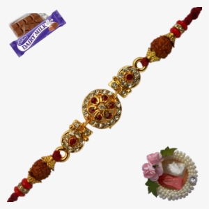 Traditional Gold Round Rakhdi With Rudraksha And Bead - Cadbury Dairy Milk Chocolate Bars, 12-count