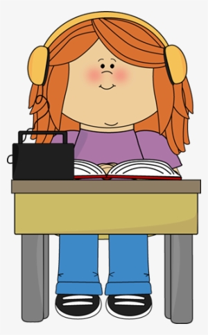 Girl Listening To Book With Headphones Clip Art - Student Sitting At ...