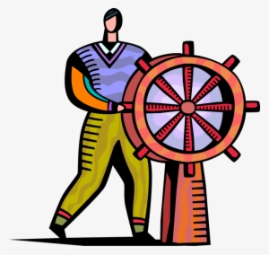 Vector Illustration Of Businessman Ship Captain Steers - Ship