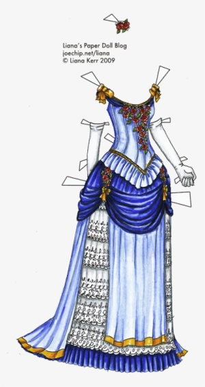 1885 Ball Gown In Blue And Gold Tabbed - 1880s Ball Gowns