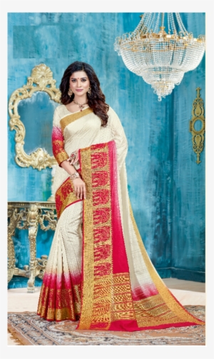 Shaded Off White And Tomato Red Designer Silk Saree - Off White And Pink Saree