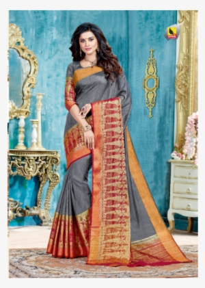 Grey And Red Silk Saree - Sari