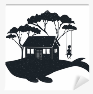 Vector Hand Drawn Style Typography Poster With Whale, - Silueta De Casa Y Animales