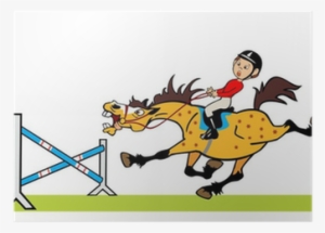 Little Boy With Cheerful Pony Jumping A Hurdle Poster - Horse Riding Horse Girl Animation