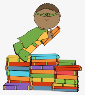 Boy Superhero Flying Over Books Clip Art - Superhero Book Clip Art