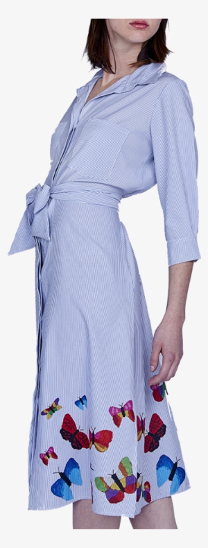 Pinstripes Butterfly Bottomup Belted Dress - Dress