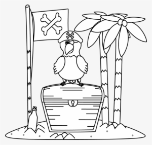 Black And White Pirate Parrot And Flag On An Island - Illustration