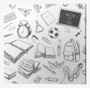 Books, Notebook, Copybook, Backpack, Lamp, Alarm Clock, - Welcome Back Supplies In Black And White