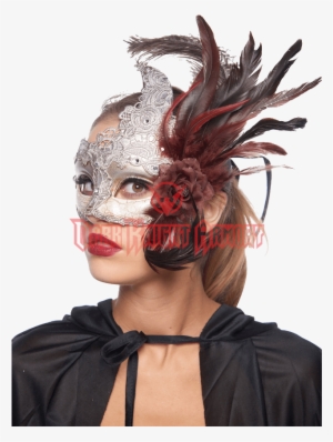 Feathered Silver Lace Masquerade Mask - Mask