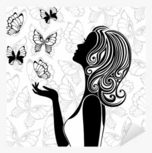 Silhouette Of Young Woman With Flying Butterflies Sticker