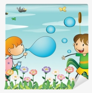Kids At The Garden Playing With The Blowing Bubbles - Illustration