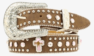 Nocona Girl's Leather Belt W/crystal Cross - Brown/pink