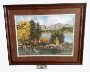 P J Simpson, Moose Standing In Water Mountain Landscape - Watercolor Painting