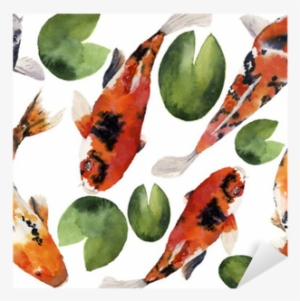 Watercolor Oriental Rainbow Carp With Water Lily Seamless - Watercolor Painting
