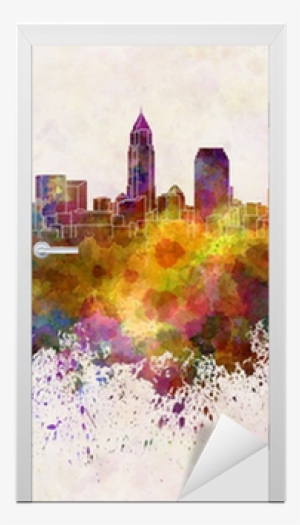 Cleveland Skyline In Watercolor Background Door Sticker - Black And White Watercolor Background