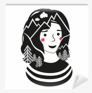 Vector Illustration With Girl, Pine Forest And Mountains - Montana's Bbq & Bar