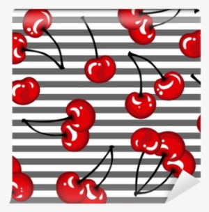 Cherry Berry Seamless Pattern On Striped Background - Illustration