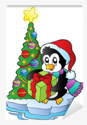 Cartoon Penguin With Christmas Tree Wall Mural • Pixers® - Cartoon Christmas Scene