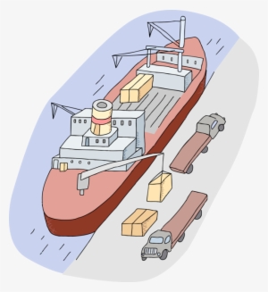 Vector Illustration Of Cargo Ship At Port Terminal - Cargo Port Cartoon Png