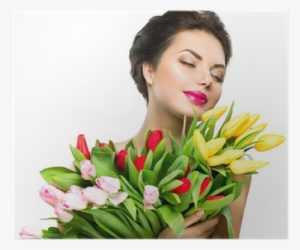 Póster Mujer Modelo De La Belleza Con Flores De Tulipán - Bouquet