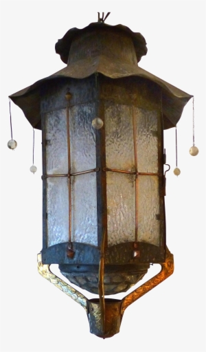 Vintage Japanese Motif Lantern With Cranes Copper Bar, - Ceiling Fixture