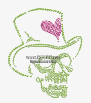 Green Skull In Hat Heat Press Rhinestone Transfer - Illustration
