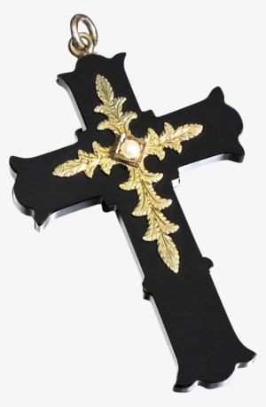 Victorian Onyx And 14k Gold Cross Pendant With Pearl - Pendant