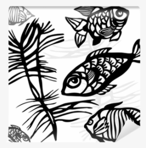 The Stylized Silhouettes Of Sea Fishes And Seaweed - Sea