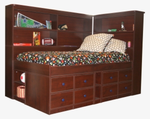 Black Wooden Bookshelf Headboard On Black Wooden Bed - Captains Bed With Bookcase Headboard