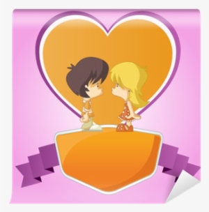 Template With A Couple Of Cute Cartoon Kids In Love - Cartoon