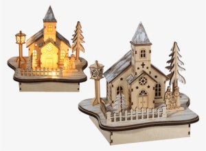 Wooden Natural Winter Landscape With 5 Warmwhite Led - Houten Decoratie Met Leds Kerk