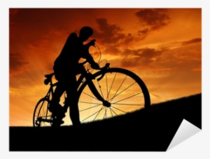 Silhouette Of The Cyclist On Road Bike At Sunset Sticker