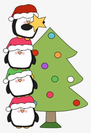 Penguins Putting A Star On A Christmas Tree Clip Art - Christmas Clip Art Cute
