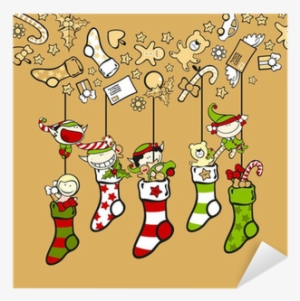 Cute Elves With Christmas Stockings Sticker • Pixers® - Cute Elves With Christmas Stockings Large Mug