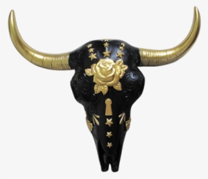 Boho Mexican Gold Black Hand Painted Buffalo / Cow - Cow Skull Painted