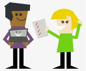 A Cartoon Man Holding A Laptop Smiling At A Cartoon - Interaction Clipart