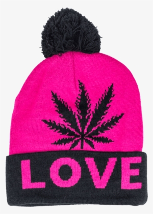 Pink And Black Weed Leaf Love Beanie Pompom - Cannabis