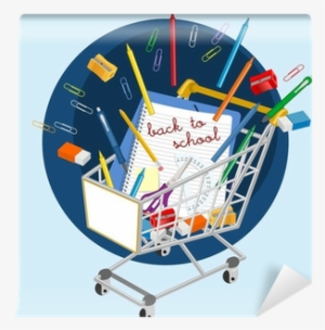 Carrito De La Compra Con Material Escolar Wall Mural - Stock Illustration