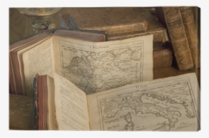 Vintage Books And Old Maps On A Wooden Table - Canvas