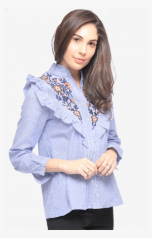 Blue Vertical Striped Flower Embroidered Ruffle Shirt - Embroidered Ruffle Shirt