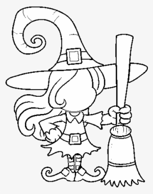 Witch With Broomstick Coloring Page - Drawing