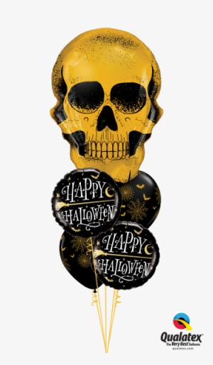 Happy Halloween Golden Broomstick Bouquet - Gold Skull Balloon