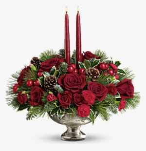 Christmas Greens, Red Berries, Holly, Red Roses And - Teleflora Mercury Glass Bowl Bouquet