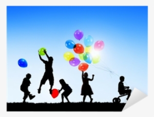Silhouettes Of Cheerful Children Playing Balloons Outdoors - Balloon