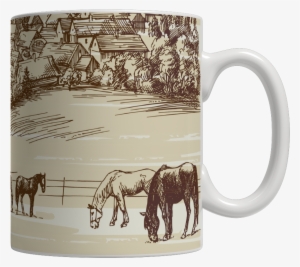 Horses At Pasture Vintage Drawing Coffee Mug - Illustration