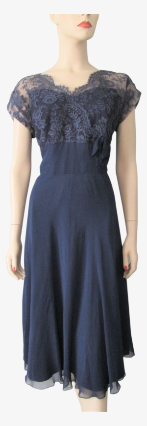 Navy Blue Dress Vintage 1940s Sheer Nylon Rayon Lace - Little Black Dress