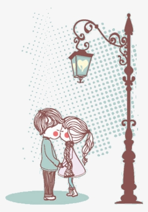 Cute Cartoon Couple Kissing Under Lamp Post In Rain - Couple In Rain Png